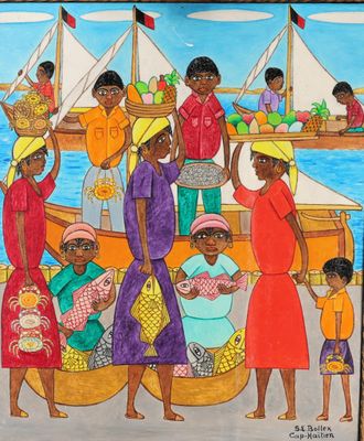 un tableau représentant un groupe de personnes sur un bateau