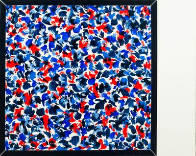 painting of red, white, and blue paint splattered on a black frame