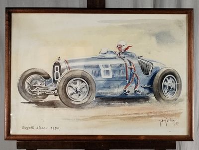 une photo d'un tableau représentant un homme au volant d'une voiture de course