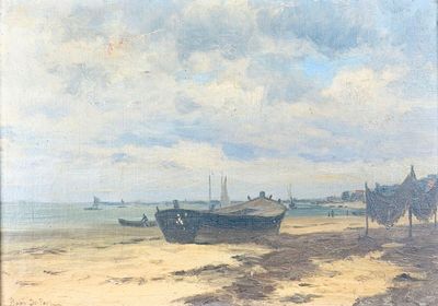 une peinture d'un bateau sur la plage au bord de l'eau