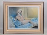 tableau représentant une femme nue assise sur un lit, avec un oiseau posé sur son épaule