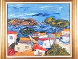 an image of a painting of a view of a town by the ocean