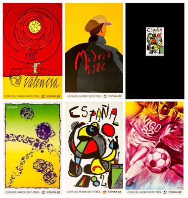 four different colored posters of various types of art
