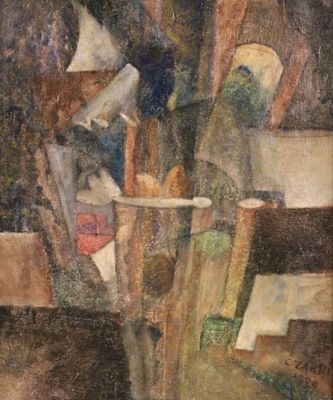 une peinture à l'huile représentant un vase rempli d'objets divers posé sur une table