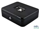 a black metal box with a lock on top of it