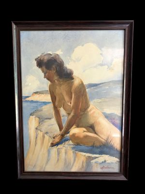 une peinture à l'huile représentant une femme nue assise sur une falaise au bord de l'océan