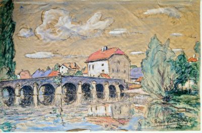 dessin représentant un tableau d'un pont surplombant une rivière, avec un bâtiment en arrière-plan