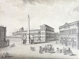 dessin représentant une place de ville avec des calèches