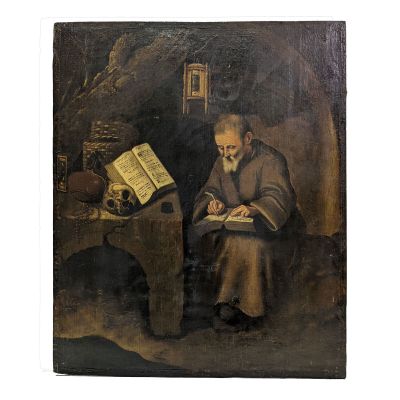 un vieux tableau représentant un homme assis sur une chaise en train de lire un livre
