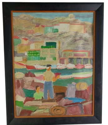 une peinture à l'huile représentant des personnes sur une plage, avec un bateau en arrière-plan