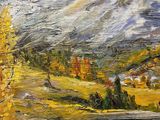 an oil painting of a mountain scene with a river and trees in the foreground