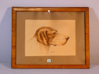 painting of a brown dog in a wooden frame on a wall