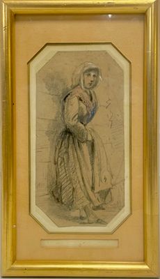 un vieux dessin représentant une femme en robe tenant un sac