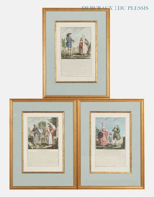 trois gravures encadrées représentant des personnes et un chien dans un champ