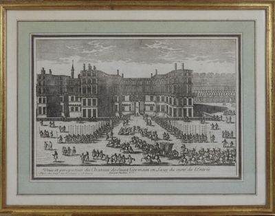an old picture of a large building with a lot of people on it
