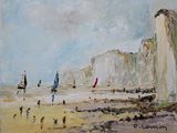 a painting of people walking on the beach near the cliffs