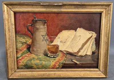 une peinture représentant un pichet et un verre posés sur une table