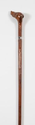 Canne décorative à fût en épineux, pommeau équerre en bois sculpté d'u - Photo 1