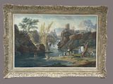 an image of a painting of a river with people and animals in it