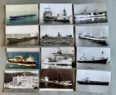 several black and white photographs of ships and boats in the water