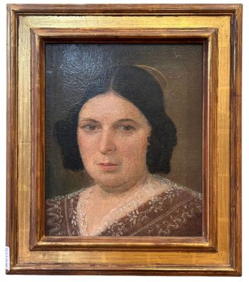an old painting of a woman in a brown dress in a gold frame
