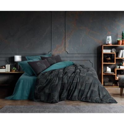 an image of a bedroom scene with a bed and a bookcase