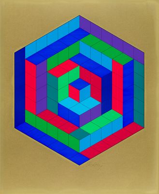 an image of a multicolored hexagonal cube with a red, green, blue and red center