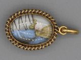 an image of a gold - plated pendant with a picture of a woman in a boat