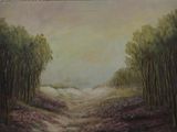 a painting of a dirt road in the middle of a forest