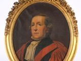 portrait d'un homme vêtu d'une robe rouge et noire, dans un cadre doré