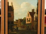 an oil painting of a street scene with a horse drawn carriage