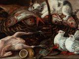 a painting of a basket with fish, a cat, and other animals