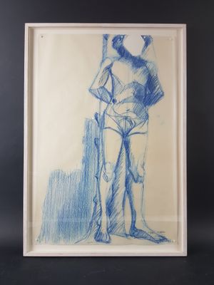 dessin représentant un homme avec un chapeau et une canne, dans un cadre blanc