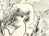 un dessin à l'encre représentant une femme assise dans un champ fleuri