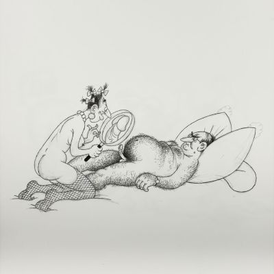 une image représentant un dessin d'un homme et d'un chat sur une planche de surf