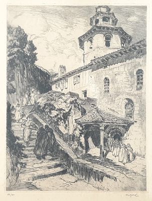drawing of an old building with a steeple and a steeple on the top of it