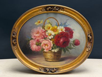 a painting of a basket of flowers on a table