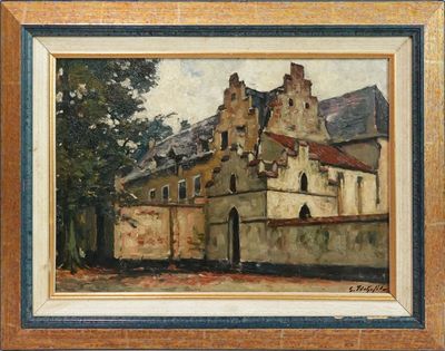 une peinture à l'huile représentant un bâtiment au toit rouge, dans un cadre