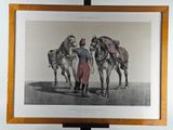 a picture of a man leading two horses on a leash