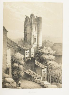 un vieux dessin en noir et blanc représentant un château sur une colline