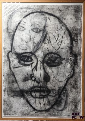 a black and white drawing of a man ' s face in a wooden frame