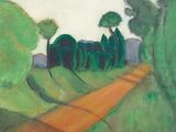 une image représentant un tableau d'une route de campagne bordée d'arbres