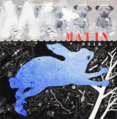 a painting of a blue rabbit on a black and white background
