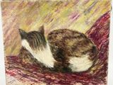an oil painting of a cat laying down on a red blanket