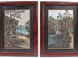 deux tableaux encadrés représentant une scène fluviale avec des arbres et une maison