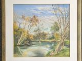 a painting of a river with trees in the foreground
