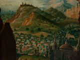 painting of a view of a town from a cave in a mountain