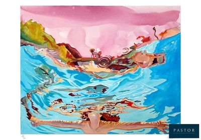 tableau représentant une femme nageant dans une piscine, avec un ciel rose en arrière-plan