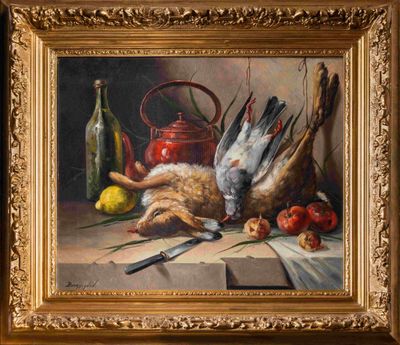 une peinture représentant une nature morte avec des oiseaux morts et des fruits