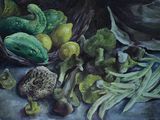 un tableau représentant un panier de légumes posé sur une table
